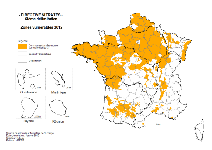 Zones touchées par le Nitrate en France